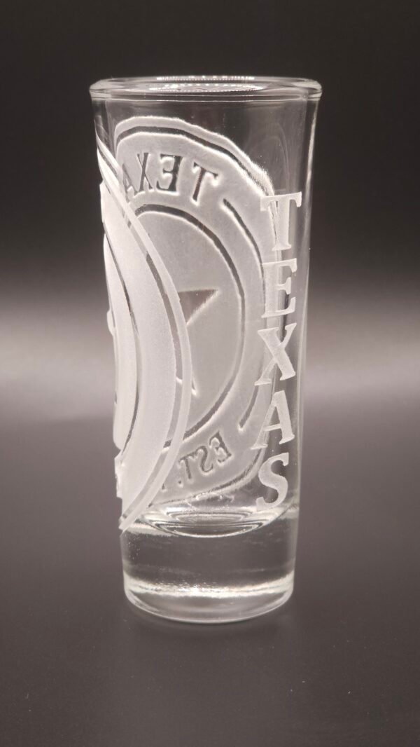 Texas engraved shot glass back view – Deep Cut Texas Star