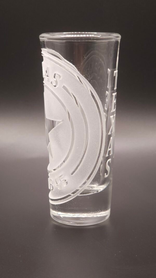 Texas engraved shot glass side profile – Deep Cut finish