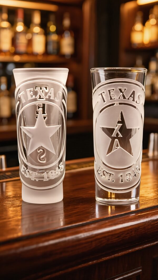 Texas engraved shot glass set on bar – Texas Star sandblasted design