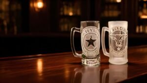 engraved Texbeer mugs crafted from real glass