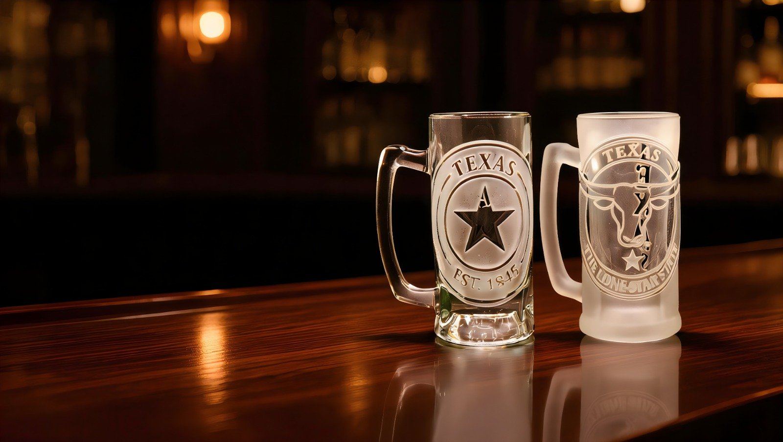 engraved Texbeer mugs crafted from real glass