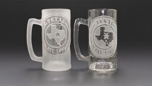 Texas engraved beer mug Lone Star Seal design in clear and frosted glass