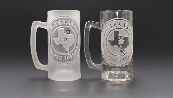 Texas engraved beer mug Lone Star Seal design in clear and frosted glass