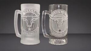 Texas engraved beer mug Longhorn Emblem comparison Deep Cut vs Raised Cut engraving styles