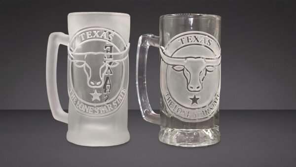 Texas engraved beer mug Longhorn Emblem comparison Deep Cut vs Raised Cut engraving styles
