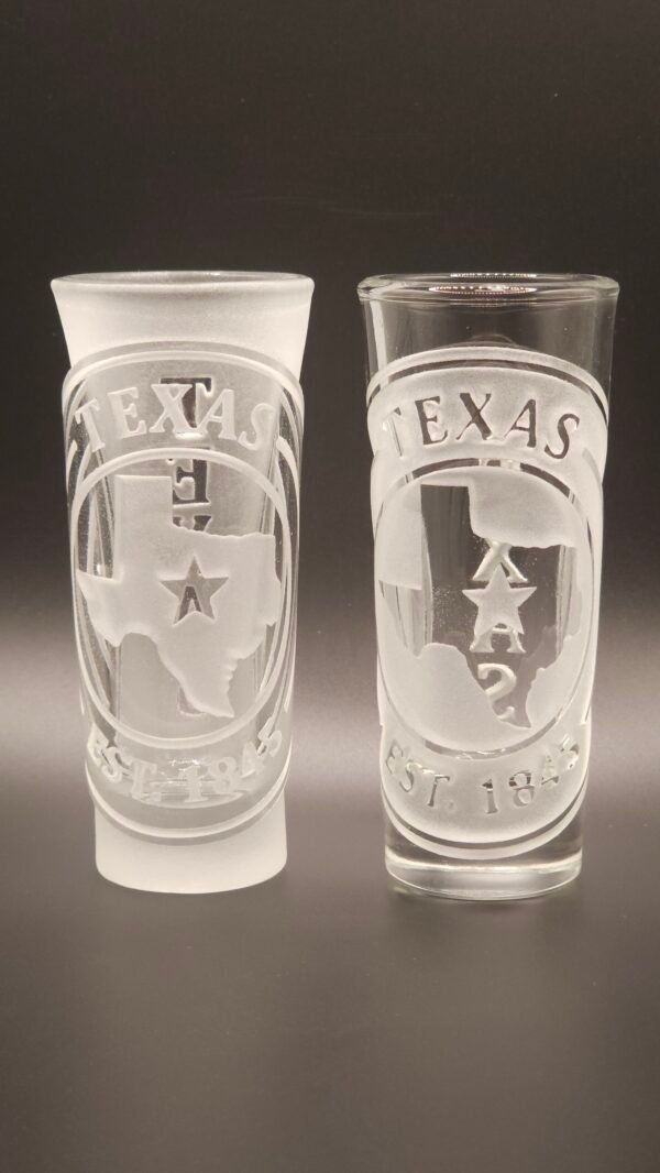 Lone Star Seal Texas Engraved Tequila Shot Glass – Clear and Frosted Texas Lone Star Seal engraved tequila shot glasses clear and frosted sandblasted glass