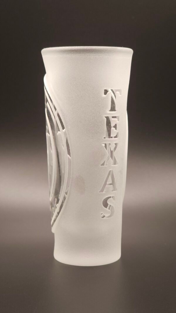 Lone Star Seal Raised Cut Engraving Detail – Texas Shot Glass Texas Lone Star Seal tequila shot glass raised cut engraving side detail