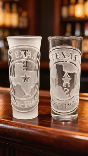 Texas Lone Star Seal engraved tequila shot glasses displayed on bar counter