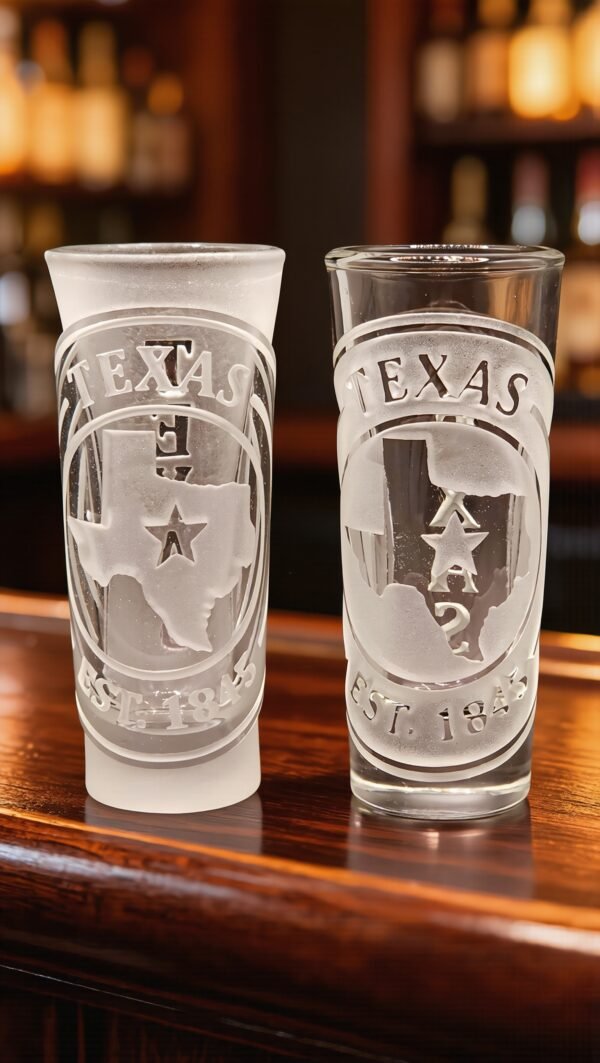 Lone Star Seal Texas Engraved Tequila Shot Glasses – Bar Display Texas Lone Star Seal engraved tequila shot glasses displayed on bar counter