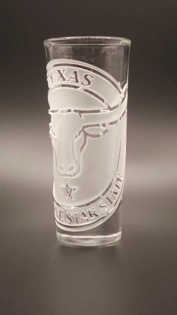 Texas engraved shot glass Longhorn Emblem deep cut sandblasted engraving front view