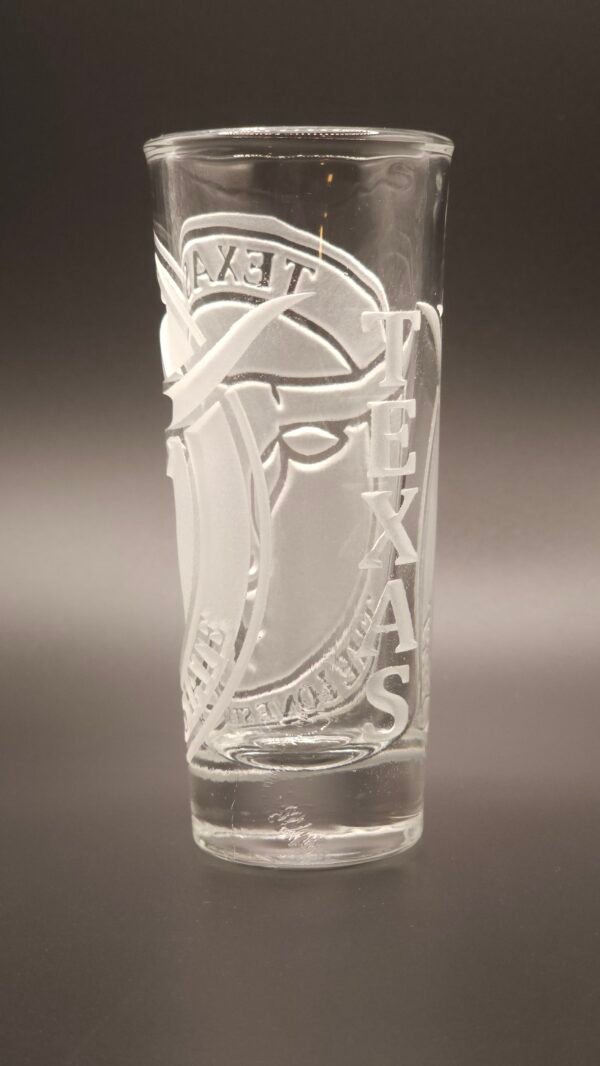 Texas engraved shot glass Longhorn Emblem deep cut engraving side view