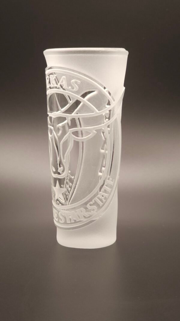 Texas engraved shot glass Longhorn Emblem raised cut engraving front view