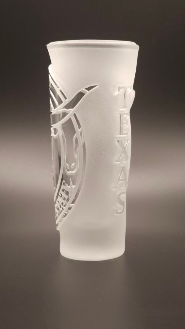 Texas engraved shot glass Longhorn Emblem raised cut engraving side view