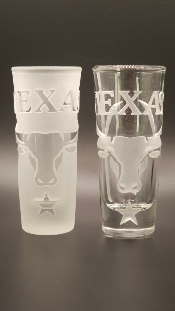 Texas Longhorn Heritage engraved tequila shot glasses clear and frosted sandblasted glass