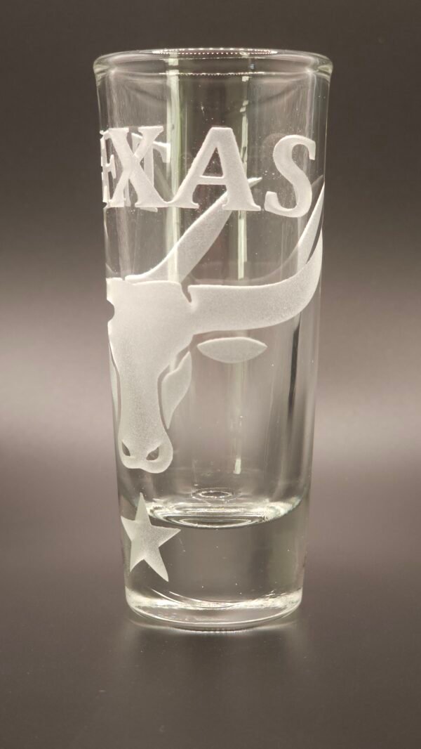 Texas Longhorn Heritage engraved tequila shot glass deep cut sandblasted engraving