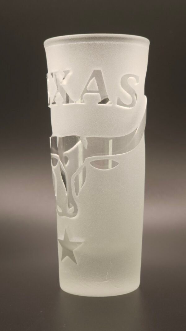 Texas Longhorn Heritage engraved tequila shot glass raised cut sandblasted design