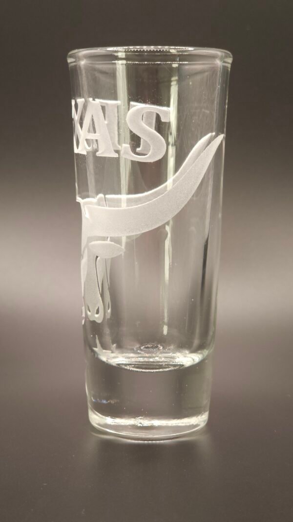 Texas Longhorn Heritage tequila shot glass deep cut engraving side detail
