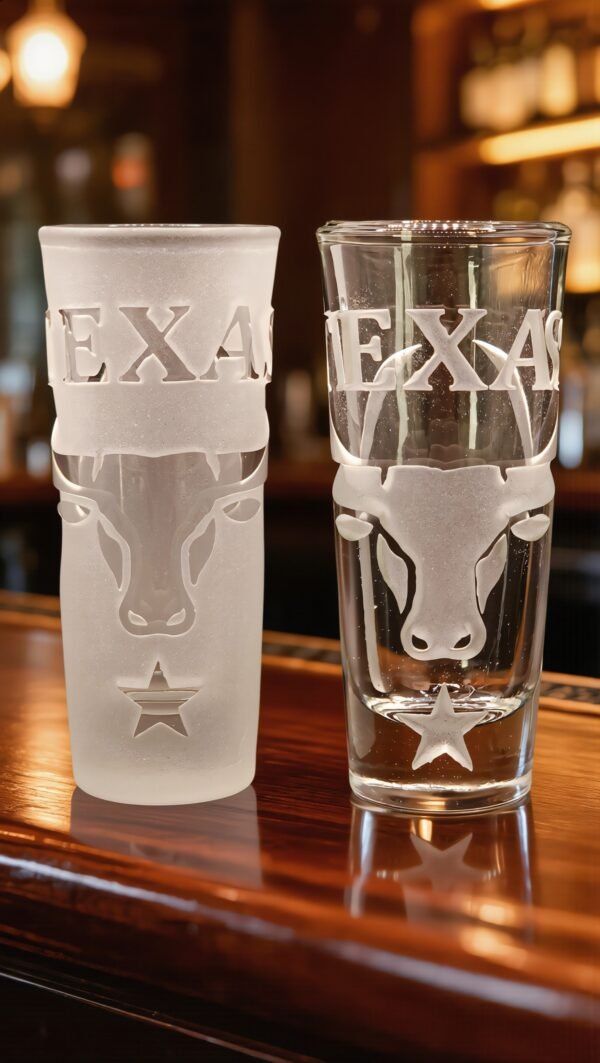 Texas Longhorn Heritage engraved tequila shot glasses displayed on bar counter