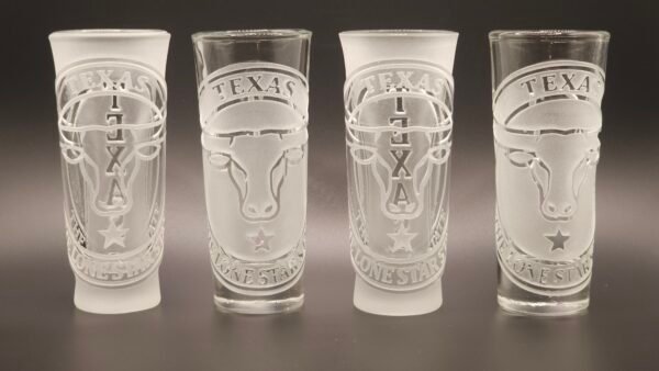 Texas engraved shot glass set Longhorn Emblem deep and raised cut set of 4 glasses