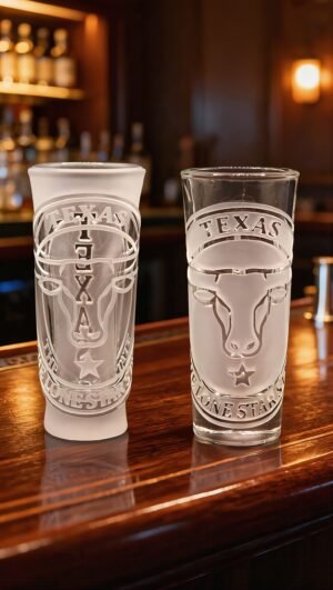 Texas engraved Longhorn Emblem shot glasses on wooden bar counter