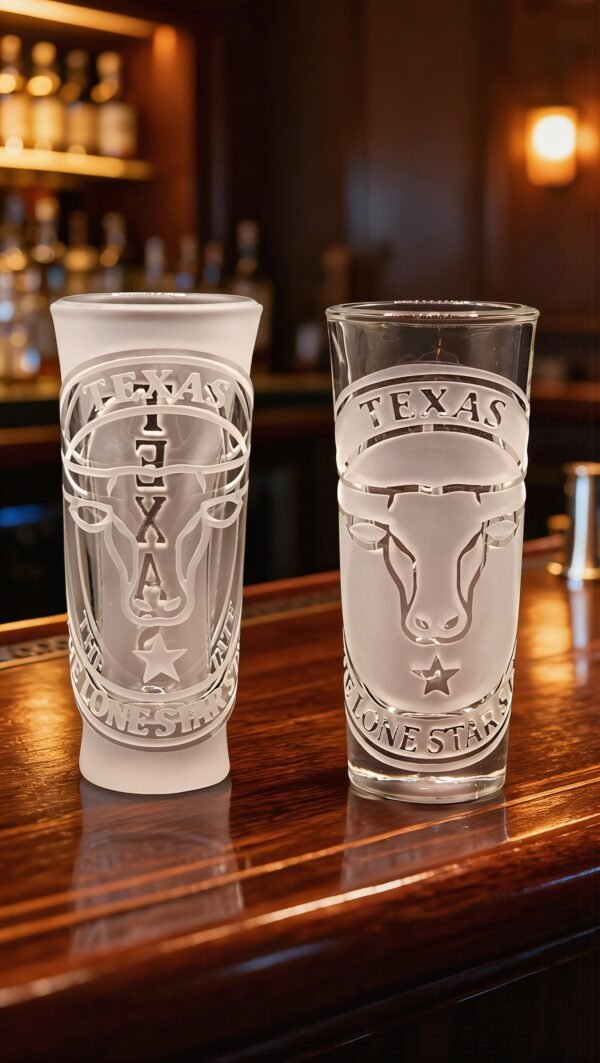 Texas engraved Longhorn Emblem shot glasses on wooden bar counter