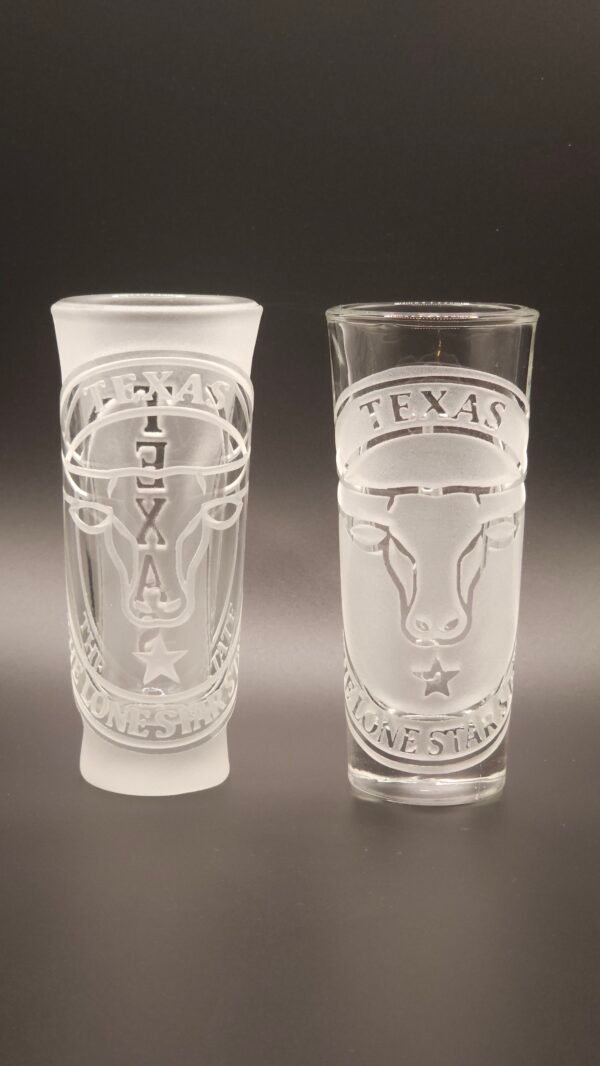 Texas shot glass Longhorn Emblem deep cut vs raised cut engraving comparison